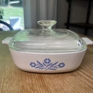 Glass Lid White Casserole Dish with Blue Floral Design